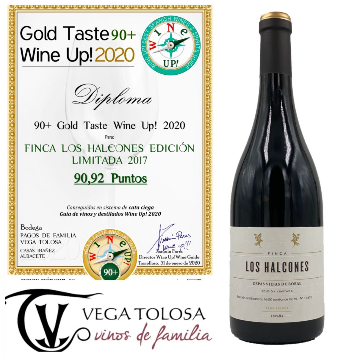 Diploma de calificación otorgado al vino "Finca Los Halcones Edición Limitada 2017" con 90,92 puntos, destacando su excelencia para aquellos interesados en comprar online.
