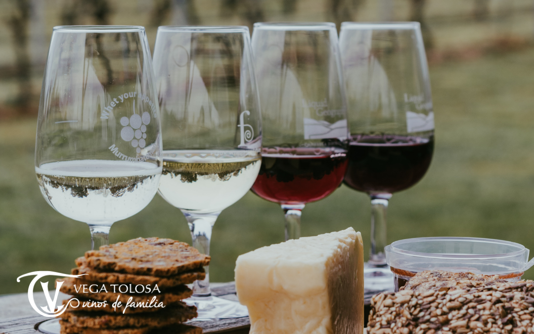 Cuatro copas de vino blanco y tinto acompañadas de queso y galletas sobre una mesa de madera, con un fondo de viñedos, destacando el concepto de vino ecológico.