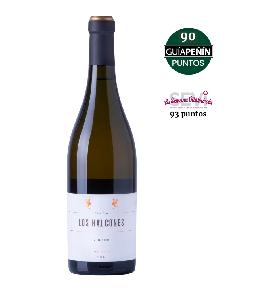 Bottle of Finca Los Halcones Viognier, an excellent wine recognized with 90 points by Guía Peñín and 93 points by La Semana Vitivinícola.