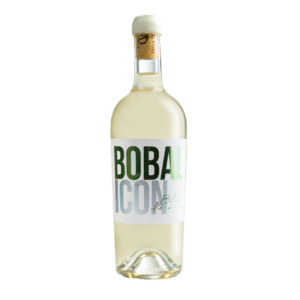 Botella de vino blanco con etiqueta que dice "Bobal Icon", representando un vino excelente con un diseño elegante y moderno.