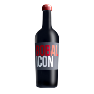 Botella de vino con etiqueta que dice "Bobal Icon", destacando un diseño moderno y elegante, representativo de vinos de alta calidad dentro de la denominación DEO manchuela.