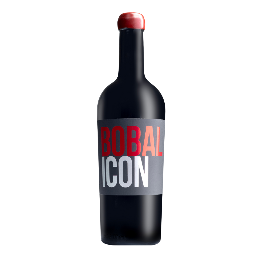 Botella de vino con etiqueta que dice "Bobal Icon", destacando un diseño moderno y elegante, representativo de vinos de alta calidad dentro de la denominación DEO manchuela.
