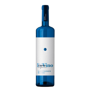 Botella de vino Capricho Divino Sauvignon Blanc con diseño elegante y minimalista, destacando su color azul profundo y etiqueta con detalles radiales en el centro.