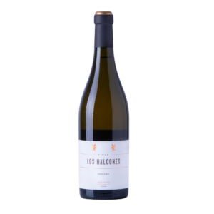 Botella de vino blanco Viognier de la finca Los Halcones, con etiqueta clara y elegante, que refleja un producto certificado de alta calidad.
