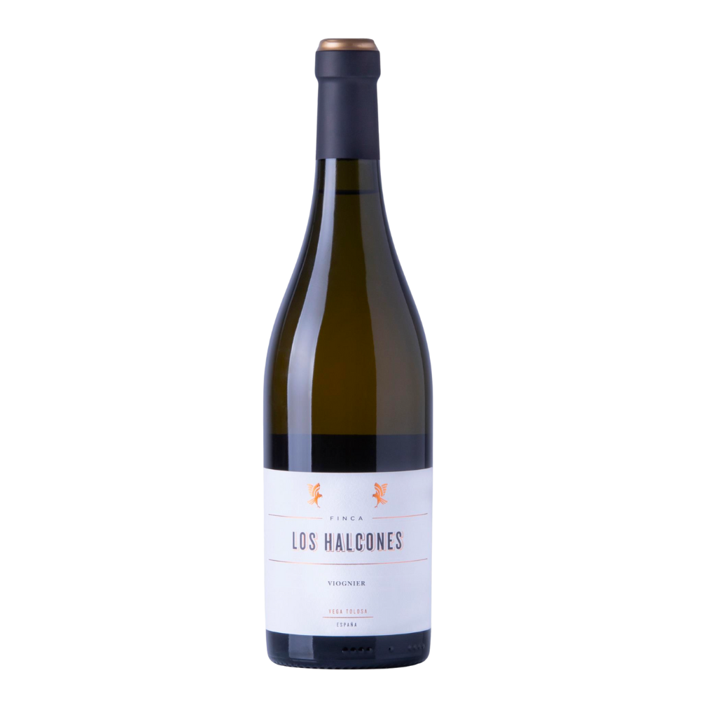 Botella de vino blanco Viognier de la finca Los Halcones, con etiqueta clara y elegante, que refleja un producto certificado de alta calidad.