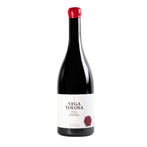 Botella de vino Vega Tolosa con etiqueta blanca y tapón rojo, destacando su carácter exclusivo de edición limitada, ideal para comprar y disfrutar en ocasiones especiales.
