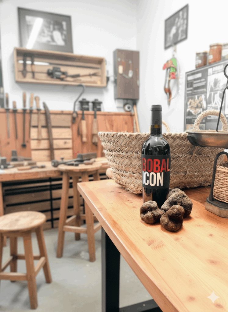 Una botella de vino Bobal Icon se encuentra sobre una mesa de madera en una rústica bodega, rodeada de trufas y cestos artesanales, evocando la esencia de la Manchuela.